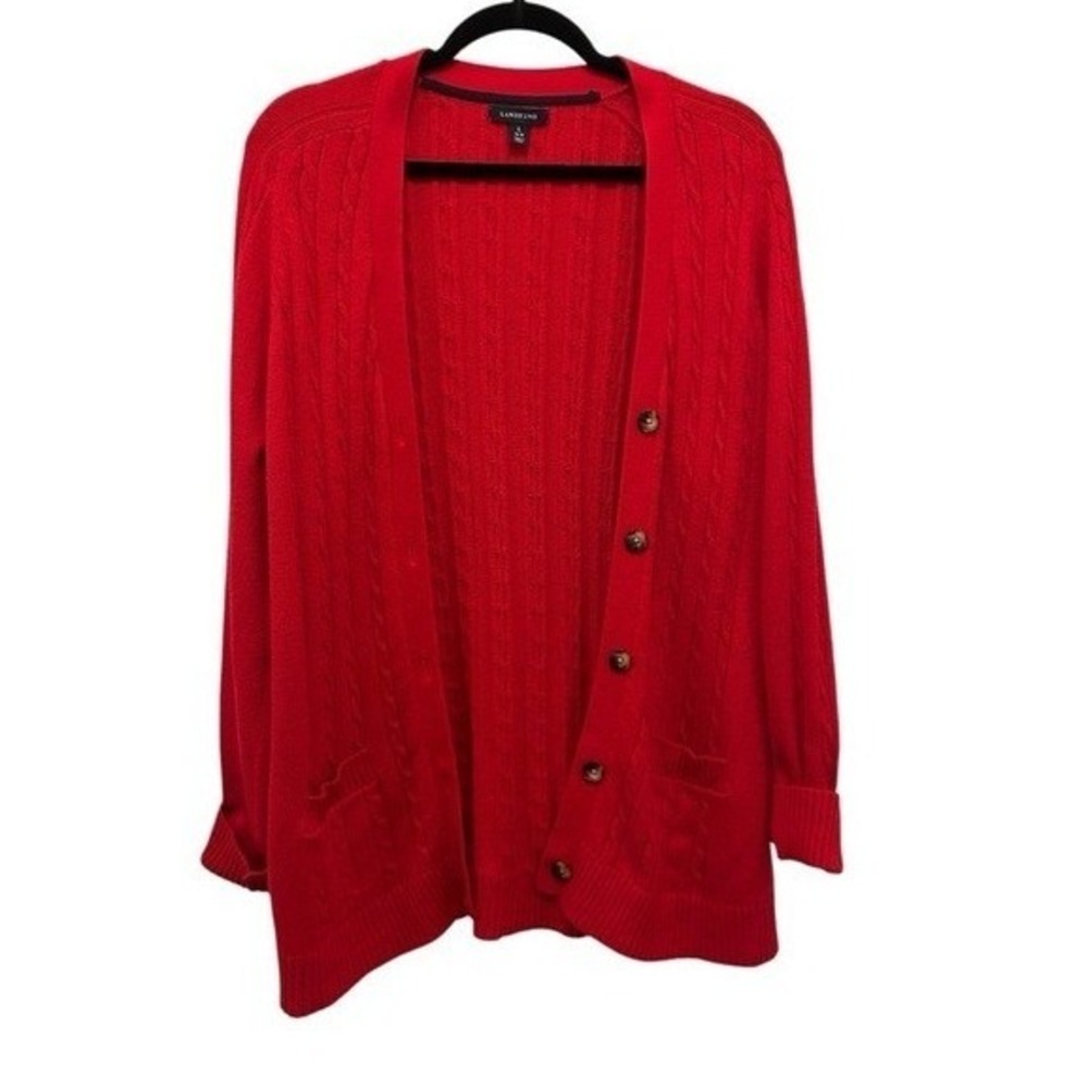Lands End Red Cable Knit Cardigan Nautical Sweater L 14 16 Preppy Cotton Wool